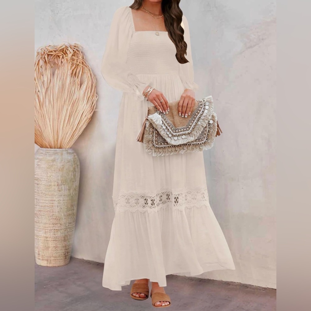 ZESICA Boho Long Sleeve Square Neck Smocked Maxi Dress ~Apricot~Size 4/6 ~ NWOT - Picture 12 of 16